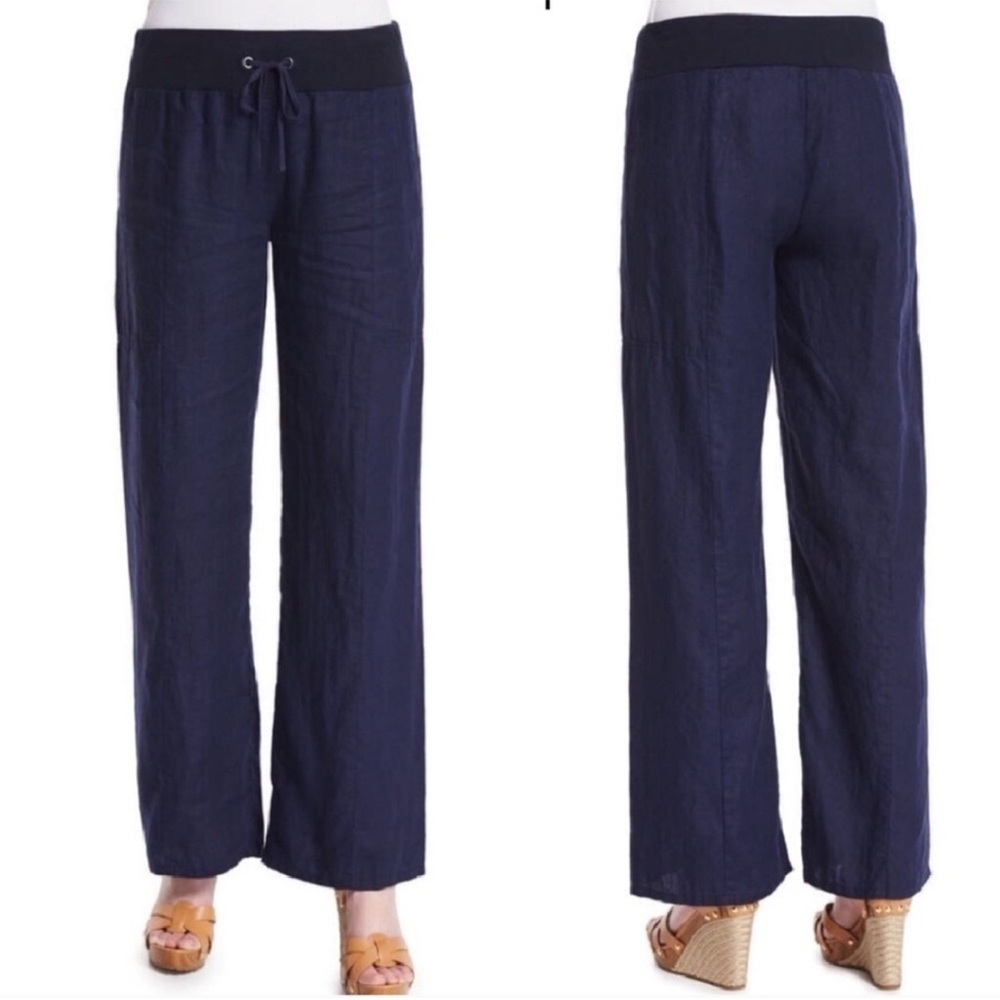 Eileen Fisher Wide Leg Pants Organic Linen Drawstring Navy Size Petite Medium